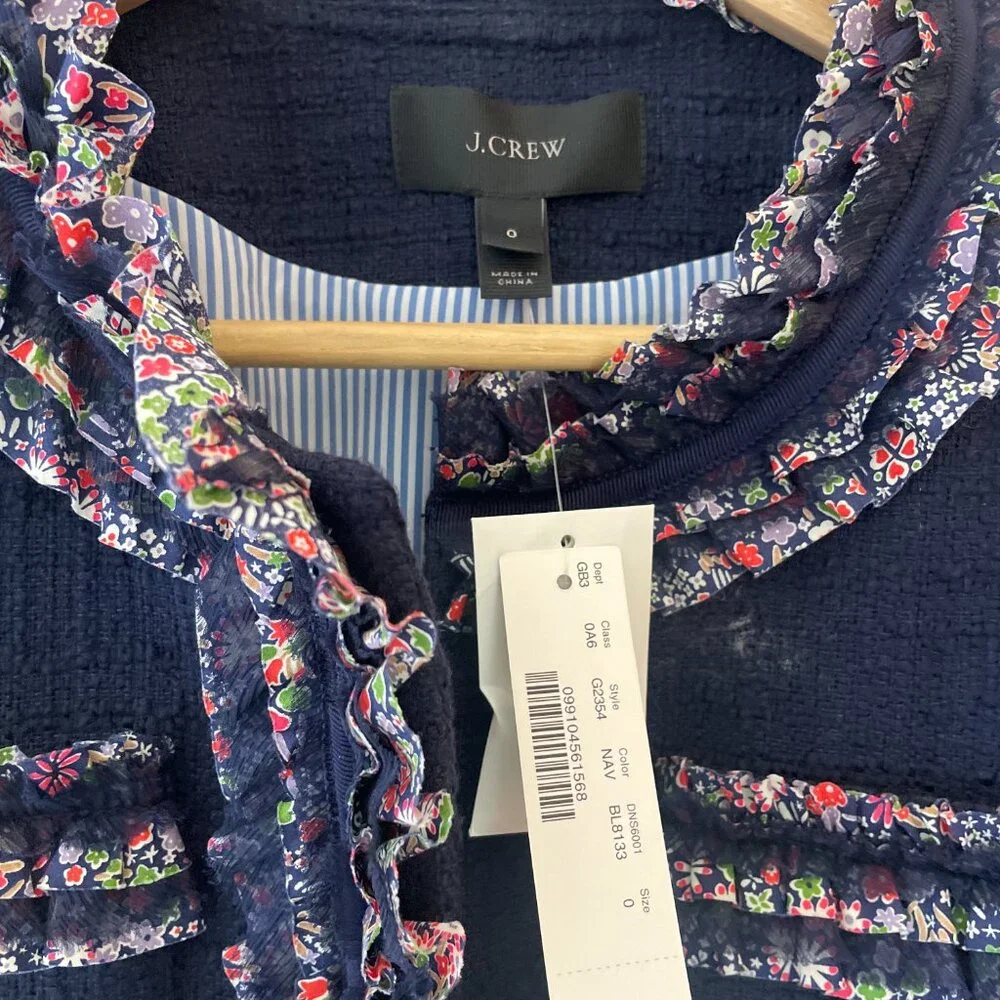 NWT J.Crew Cotton Tweed Lady Jacket Liberty Floral Trim Navy Size 0